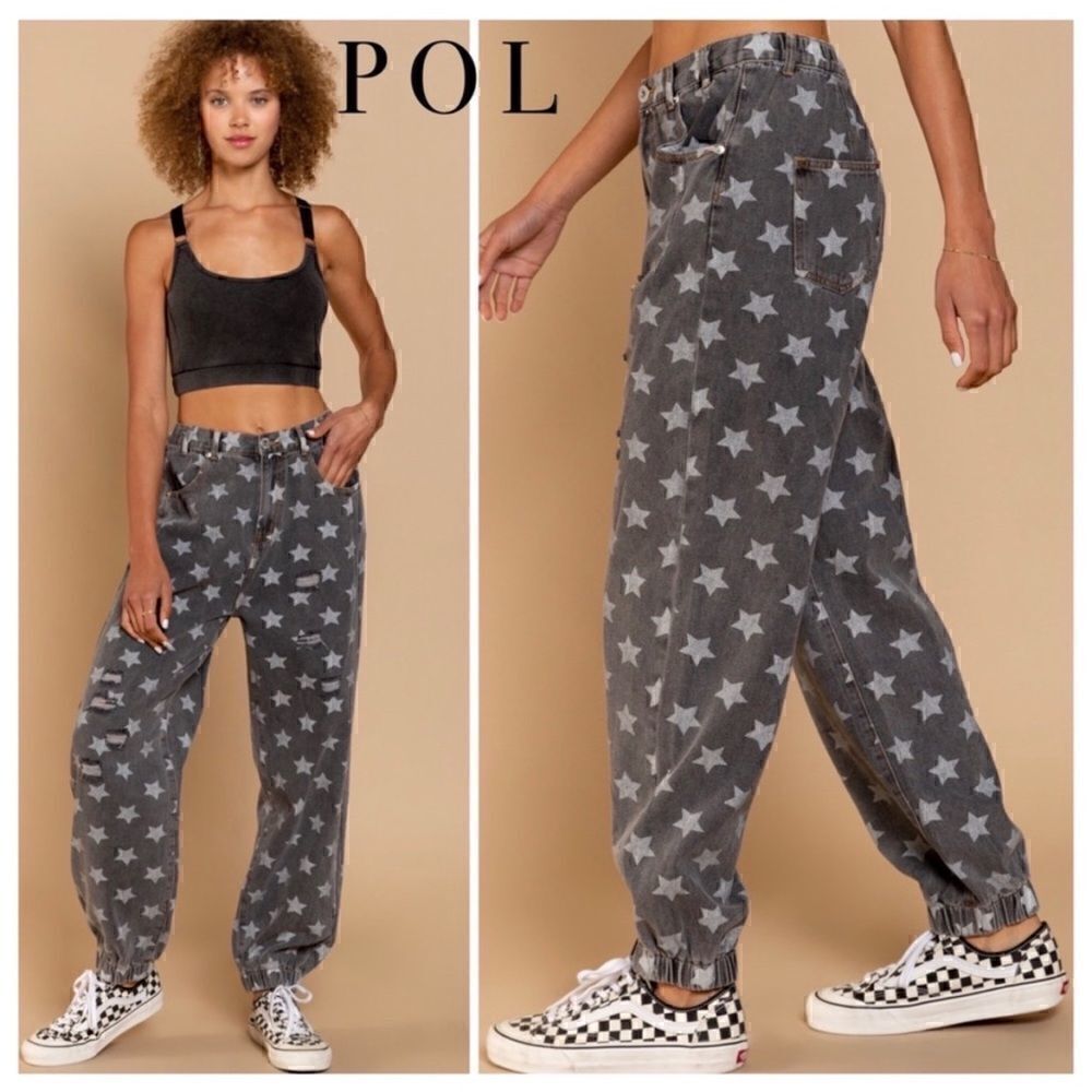 POL Star Printed Denim High Waist Jeans Jogger Wide Leg